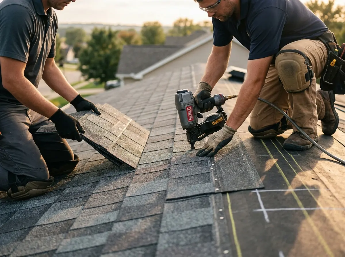 Professional roofer working on a residential roof in Schroeppel